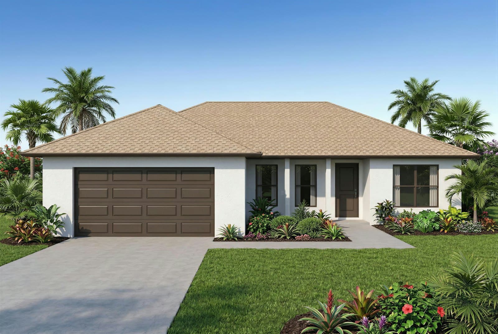 Single-story Florida home with white stucco walls and a garage door